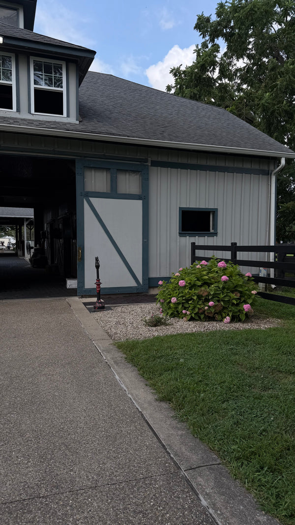 A white and gray barn with a dark gray roof, featuring a large open side door, a small window, and a landscaped garden bed with pink flowers, set next to a paved driveway.